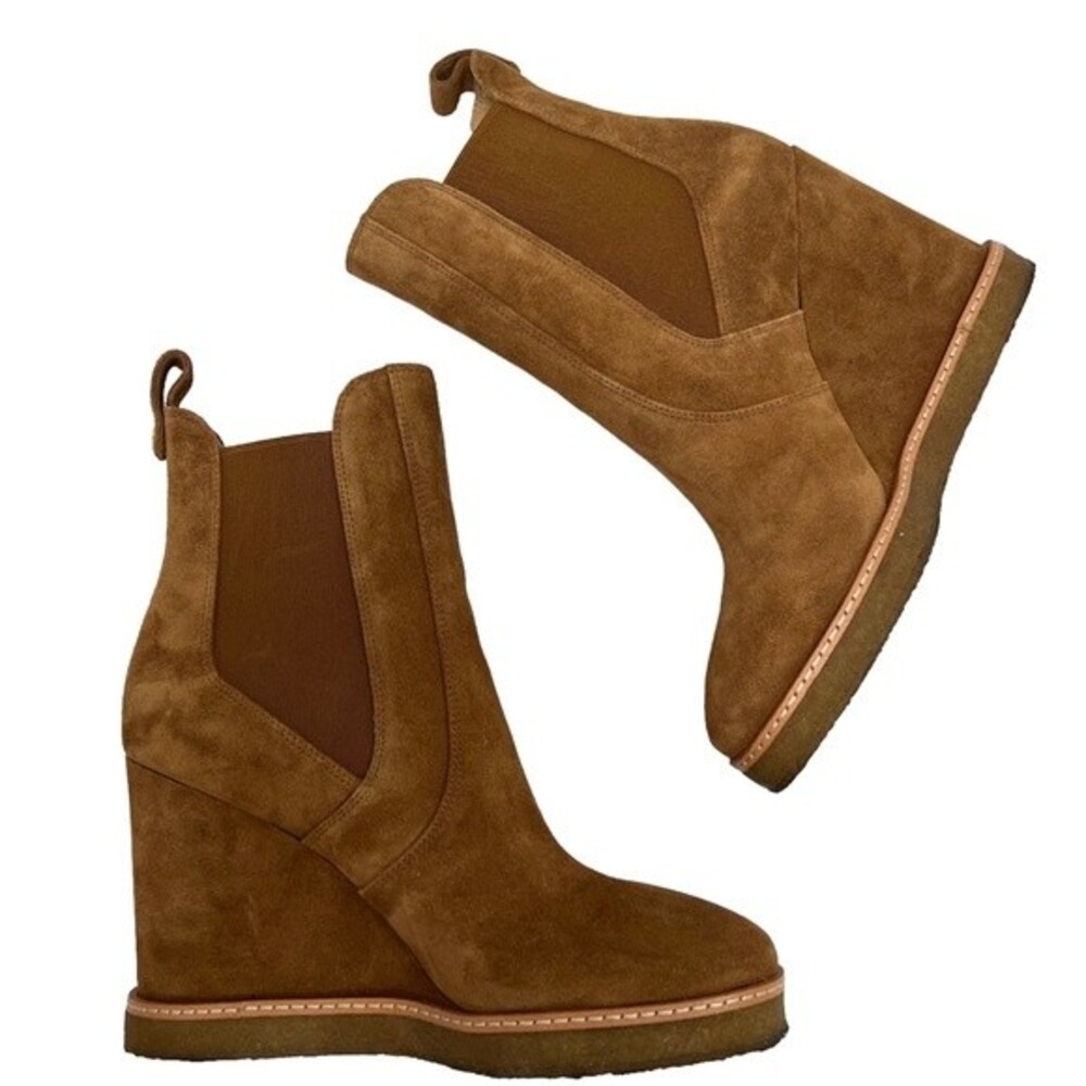 VERONICA BEARD Wedge Chelsea Boots Suede hazel wood Tan Pull on Booties Size 9 - Picture 2 of 12